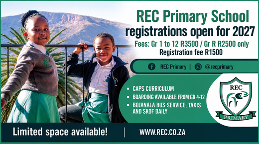 REC Primary School — CAPS curriculum • Boarding from Gr 4–12 • Bojanala bus service, taxis and SKOF daily... www.rec.co.za · REC Primary / @recprimary · Gr 1–12: R3 500 · Gr R: R2 500 · Registration fee: R1 500 · Limited space available