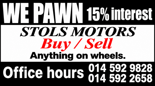 Stols Motors — Pawn • Buy • Sell anything on wheels... Office hours: 014 592 9828 · 014 592 2658