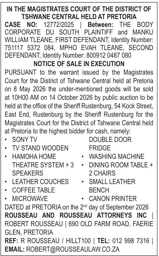 NOTICE OF SALE IN EXECUTION