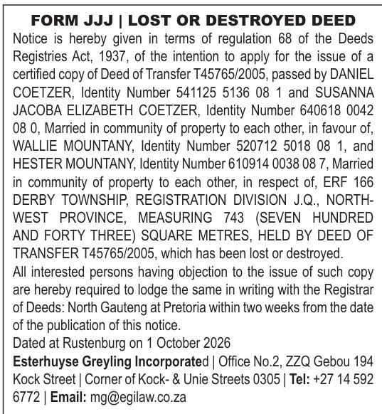 Lost or destroyed deed T45765/2005 — Wallie and Hester Mountany