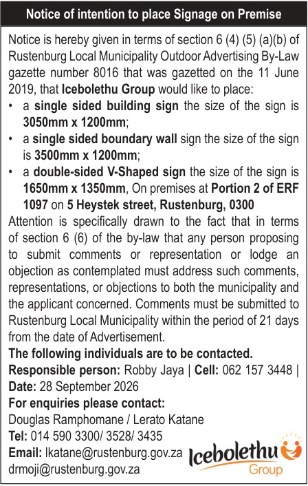 Notice of intention to place Signage on Premise
