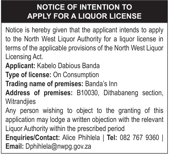 NOTICE OF INTENTION TO APPLY FOR A LIQUOR LICENSE