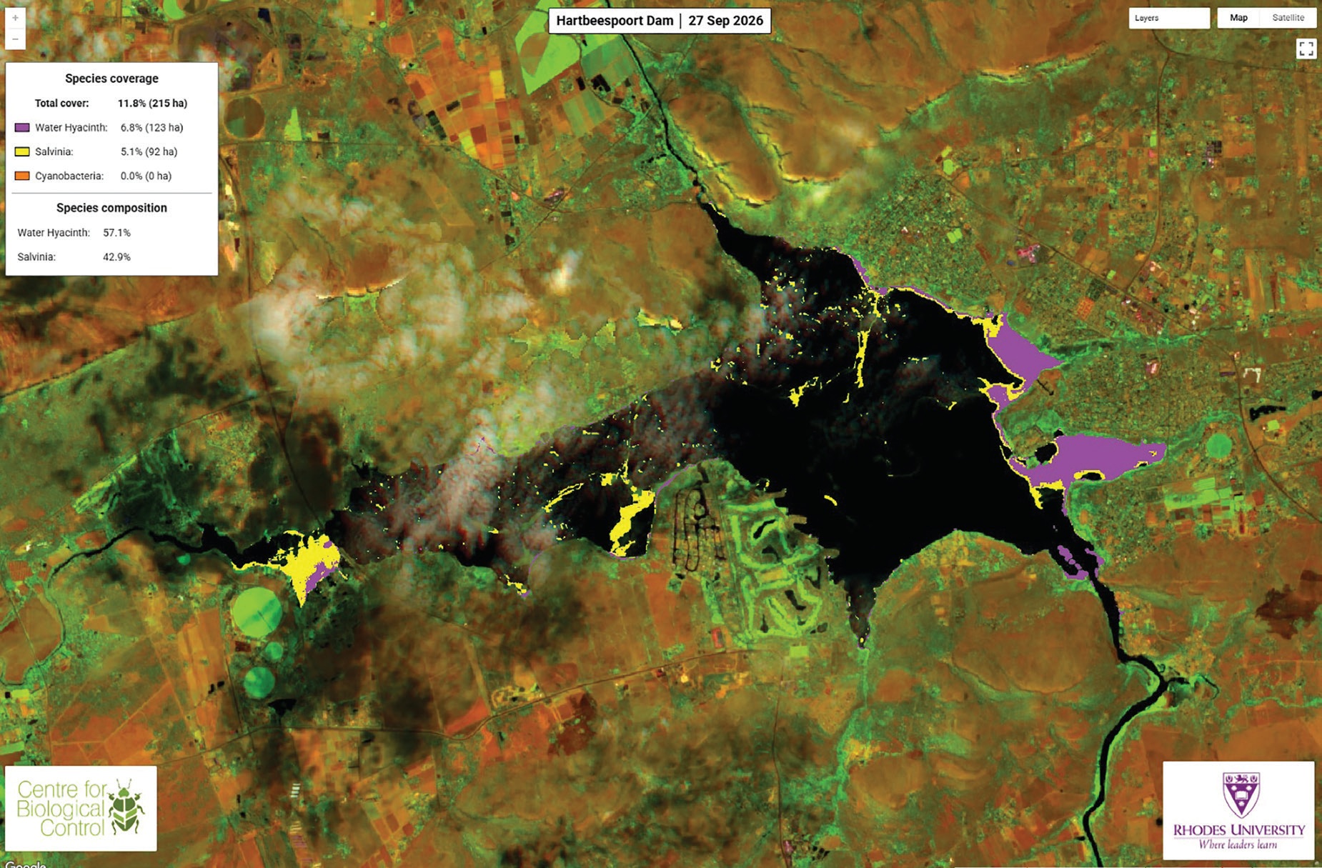 A satellite image dated 27 September 2026 shows common salvinia in yellow and water hyacinth in purple at Hartbeespoort Dam, illustrating the distribution of the two invasive plants.