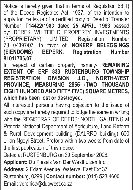 Notice of intention to apply for a certified copy of Deed of Transfer T14422/1983