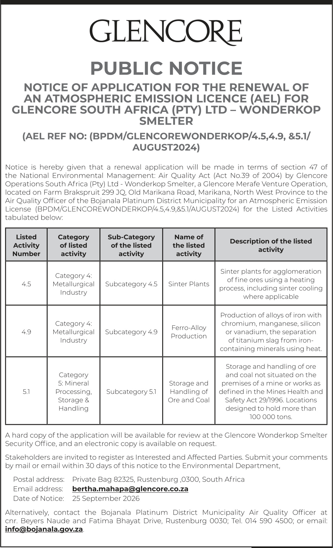 GLENCORE — NOTICE OF APPLICATION FOR THE RENEWAL OF AN ATMOSPHERIC EMISSION LICENCE (AEL)