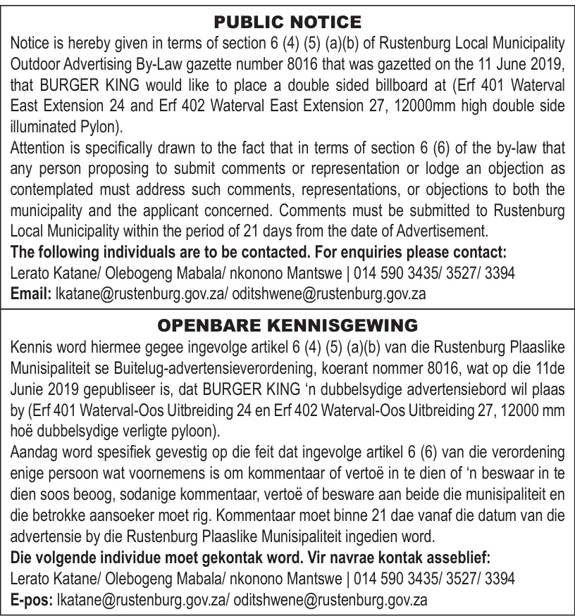 PUBLIC NOTICE / OPENBARE KENNISGEWING