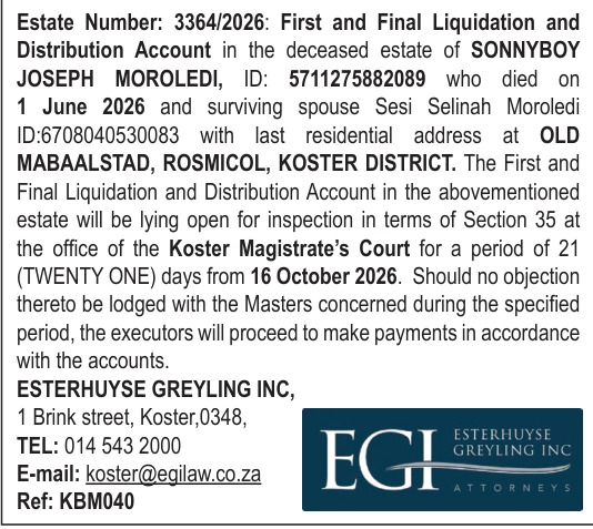 Sonnyboy Joseph Moroledi — First and Final Liquidation and Distribution Account