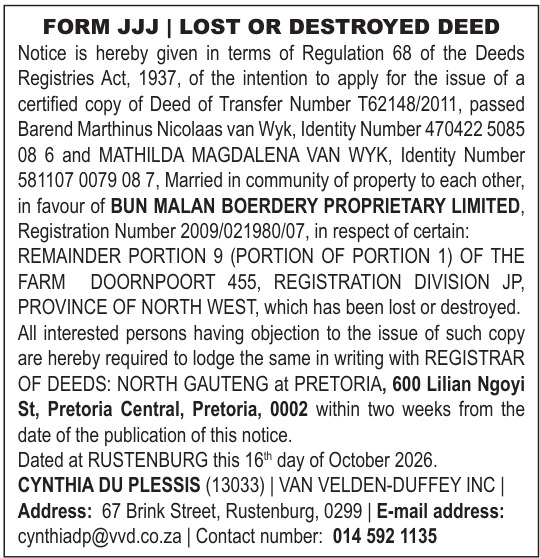 Lost or destroyed deed T62148/2011 — Bun Malan Boerdery