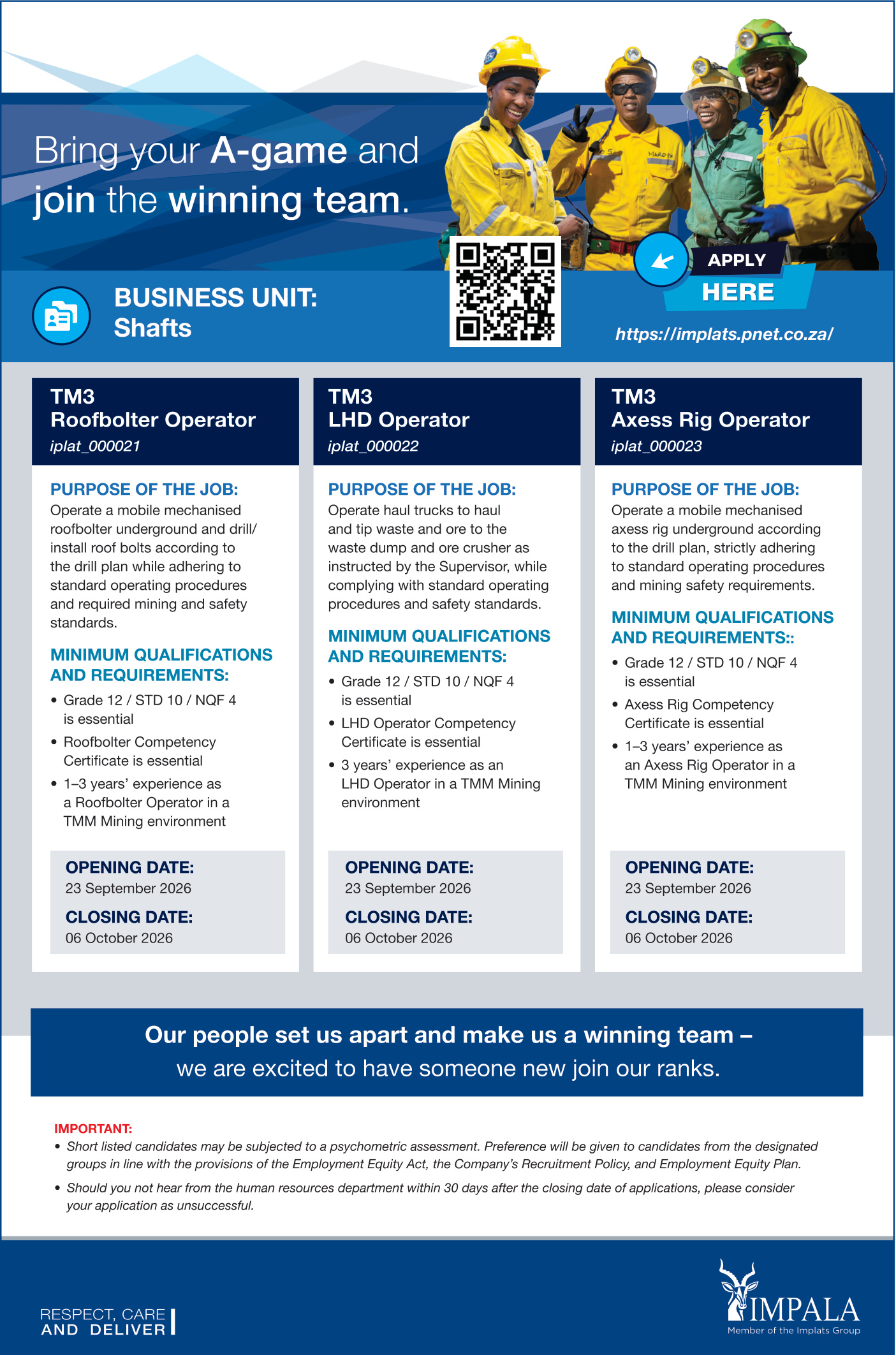 TM3 Roofbolter Operator / LHD Operator / Axess Rig Operator